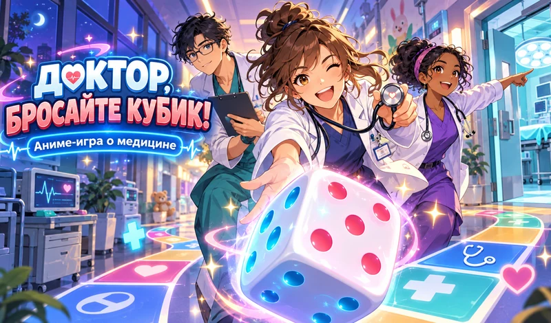 Обложка игры Доктор, бросайте кубик! с врачами и игровым кубиком